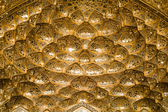 Muqarnas vault decorated with Venetian glass in Chehel Sotoun palace , Isfahan, Iran