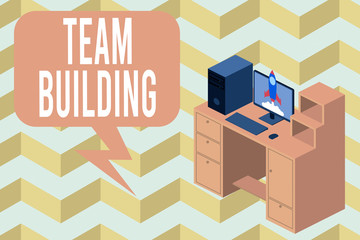 Writing note showing Team Building. Business concept for various types of activities used to enhance social relations Desktop station drawers personal computer launching rocket