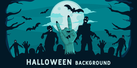 Unique and Trendy Halloween Banner or Poster with Zombie Hand Coming Out of the Ground. Unique and Trendy Banner or Poster Background For Your Unique Design.