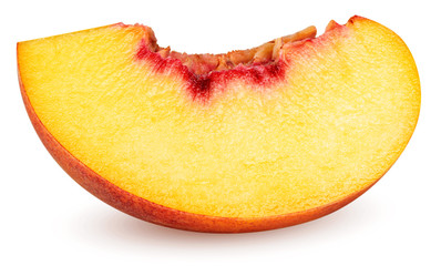 Isolated peach. Slice of ripe peach fruit isolated on white background with clipping path