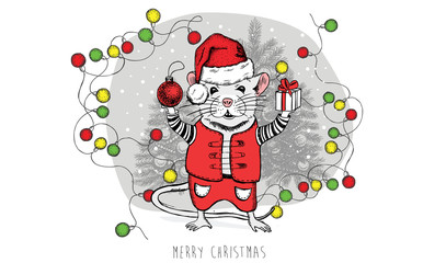 Christmas card. Mouse hand drawn illustration. New Year card.