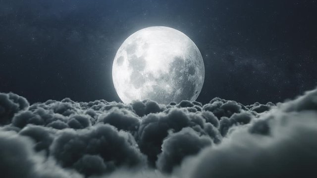 Beautiful realistic flight over cumulus lush clouds in the night moonlight. A large full moon shines brightly on a deep starry night. Cinematic scene. Seamless loop 3d render