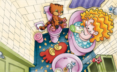 Criança tomando banho em uma banheira, lendo o rótulo do shampoo para o seu gatinho