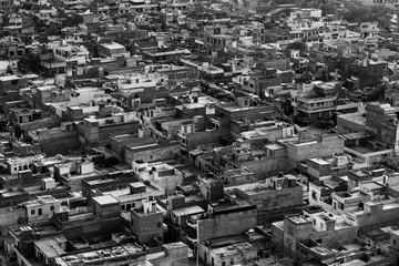 aerial view of the roofs of jaipur, cluster of distressing houses