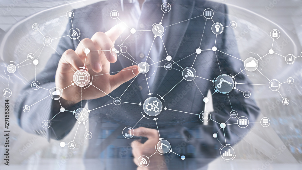 Poster technology industrial business process workflow organisation structure on virtual screen. iot smart 