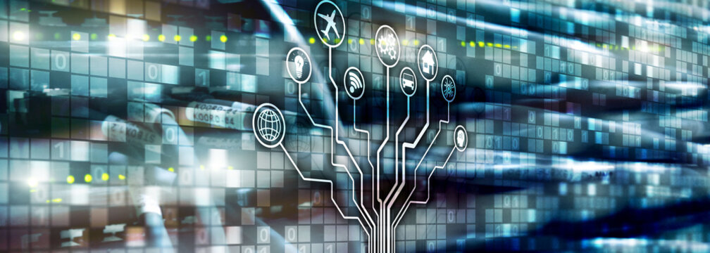 Smart server concept. IOT Internet of Things. ICT Information Communication Technology. Diagrams with icons on server room digital backgrounds