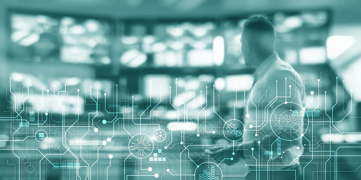 Schematic electronic draft server room information communication technology background. Template design copy space