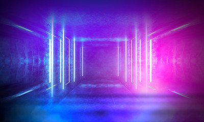 Empty scene in ultraviolet with rays and neon light. Abstract background, tunnel, room, corridor.