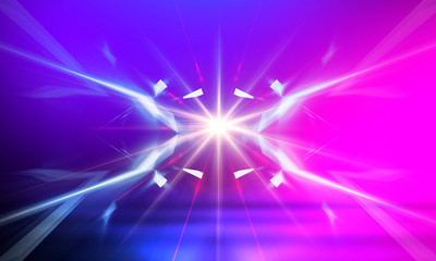 Fototapeta premium Empty scene in ultraviolet with rays and neon light. Abstract background, tunnel, room, corridor.