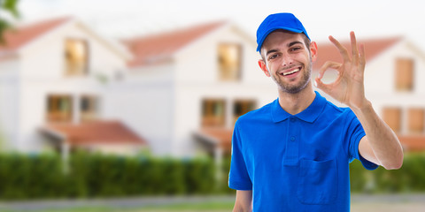 deliveryman or carrier with approval sign and building fund