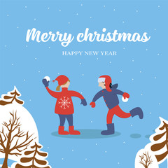 Boy and girl play snowballs. inscription Merry Christmas and Happy New Year. Greeting card, invitation, banner