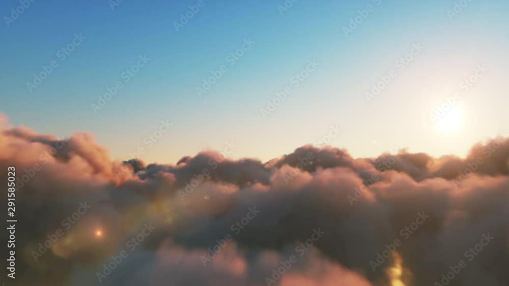 Wall mural beautiful realistic flight over cumulus lush clouds at sunset. seamless loop 3d render