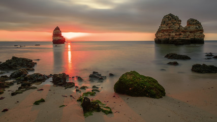 Dream Beach with beautiful rocks at sunset, Algarve, Portugal