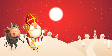 Saint Nicholas and Krampus are coming to town - winter scene - red night background