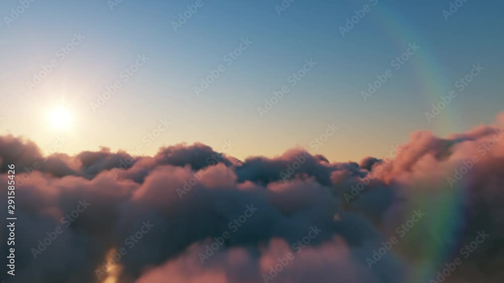 Wall mural beautiful realistic flight over cumulus lush clouds at sunset