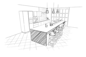 Interior sketch of modern kitchen with island.