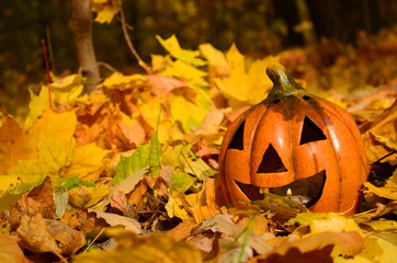 October - a smiling pumpkin.  jack o'lantern. Lamp in the Forest. halloween 