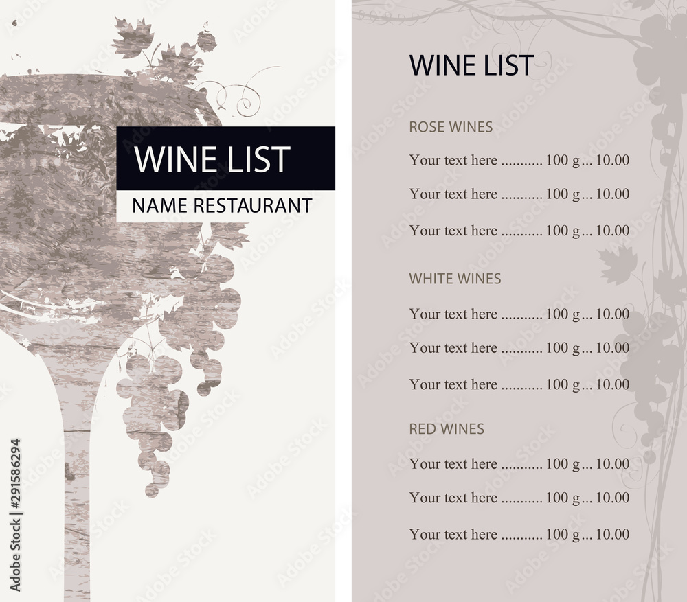 Poster vector wine list for restaurant with price list patterned by wine glass with wooden board texture on
