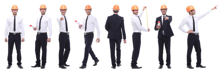 panoramic photo collage of architect expert isolated on white