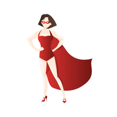 Modern vector illustration of woman in superhero costume and mask. Isolated on white background. Cute cartoon woman.