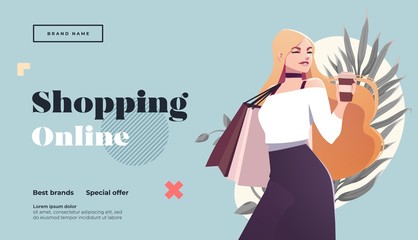 Online shopping landing page or banner template. Girl with shopping, packages. Flat Happy Female Character with Shopping Bags. Vector Illustration