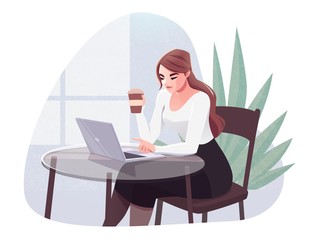 Young Woman Using Laptop Working And Drinking Coffee At Outdoor Cafe. Girl Browsing Internet, Chatting, Blogging