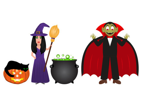 Halloween witch with potion potion and pumpkin lantern on a white