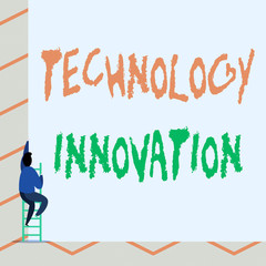 Conceptual hand writing showing Technology Innovation. Concept meaning significant technological changes of products One Male climb up the tall high wall use short ladder stairway