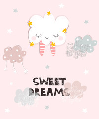 Sweet dreams cute pastel card with lovely cloud. Vector hand drawn illustration.