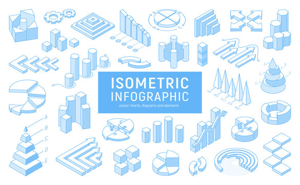 Line isometric infographic for your business presentation. Vector set of flat infographics with statistics diagrams, data icons charts, graphics and design elements. Template for banner, website