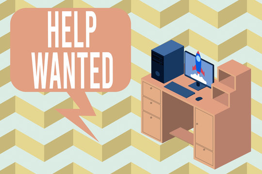 Writing note showing Help Wanted. Business concept for An ad in the paper an employer places to find a new employee Desktop station drawers personal computer launching rocket