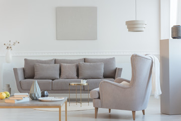 Big comfortable wing back armchair next to long grey scandinavian sofa with pillows in bright living room interior