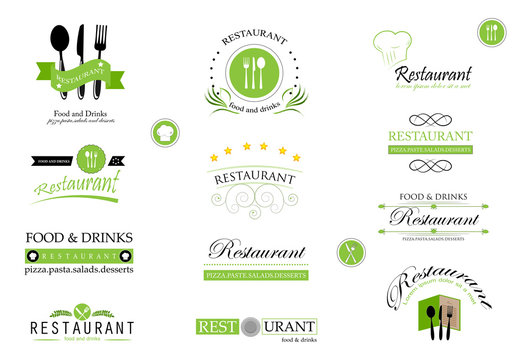 Food And Restaurant Logo Set - Isolated On White Background. Vector Illustration For Cook, Chef, Kitchen, Bar, Hat, Fork And Knife Logo. Restaurant And Food Logo For Bistro, Cook Elements And Labels