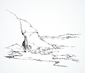 Waterfall in the desert. Oasis. Vector drawing