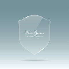 Glass transparent banner in the shape of a shield with reflection and glare of light. Vector eps 10.