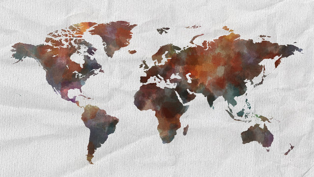 Watercolor world map with paper textur