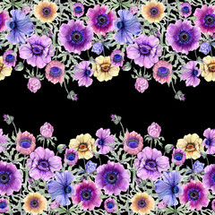 Fototapeta na wymiar Beautiful colorful anemone flowers with green leaves on black background. Seamless floral pattern, border. Watercolor painting. Hand painted illustration