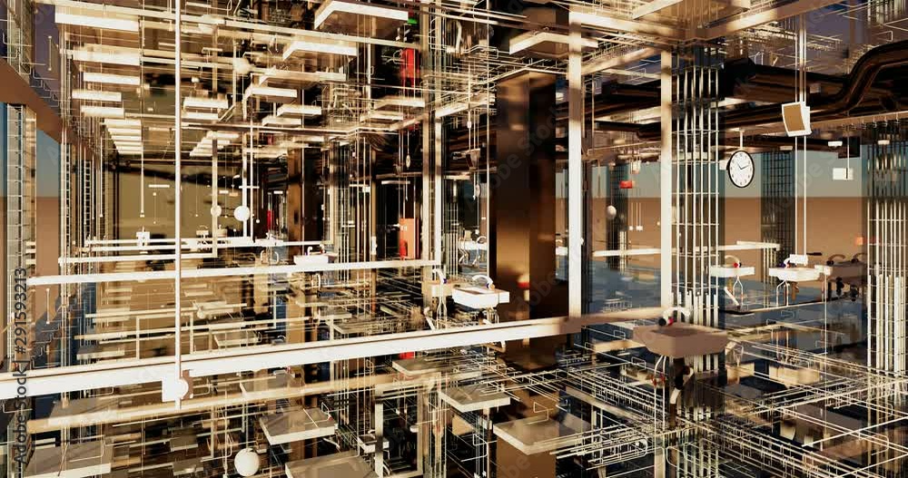 Poster timelapse visualization of a bim model of an office building with transparent walls