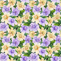 Beautiful gardenia flowers with leaves in seamless floral pattern. Bright botanical background. Watercolor painting. Hand drawn and painted illustration