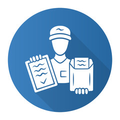 Document delivery blue flat design long shadow glyph icon. Express courier service. Deliveryman holding clipboard with invoice. Parcel, package delivering. Fast shipping Vector silhouette illustration