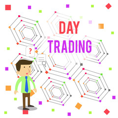 Word writing text Day Trading. Business photo showcasing securities specifically buying and selling financial instruments Young Male Businessman Office Worker Standing Searching Problem Solution