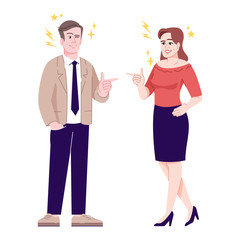 Couple flirting flat vector illustration. Coworkers greeting. Friendly talk of colleagues. Man and woman winking to each other isolated cartoon characters with outline elements on white background