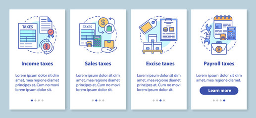 US Taxes types onboarding mobile app page screen with linear concepts. Income, sales, excise, payroll tax walkthrough steps graphic instructions. UX, UI, GUI vector template with illustrations