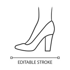 Pumps linear icon. Woman stylish and fashionable formal footwear design. Female casual stacked high heels. Thin line illustration. Editable stroke. Contour symbol. Vector isolated outline drawing