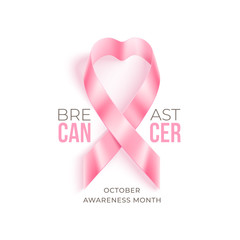 Breast cancer awareness month vector banner with pink ribbon and rose