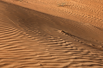Natural orange patterns of sand in a hot desert. Wavy sand texture