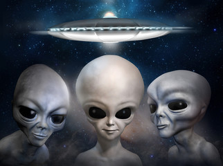 Three different grey aliens on the background of cosmic sky and flying saucer. 3D illustration. © Lena_graphics