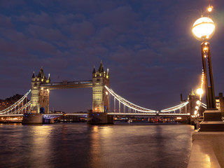 Fototapeta na wymiar Tower Bridge in London, wide angle, sunset.