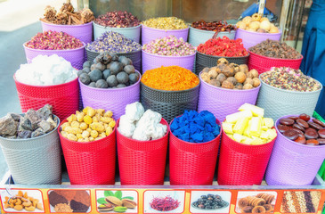 Spices and herbs put up for sale at one of the stands at the Dubai market.