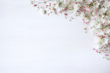 Floral wooden background for congratulations with flowers of white bells and pink gypsophila.